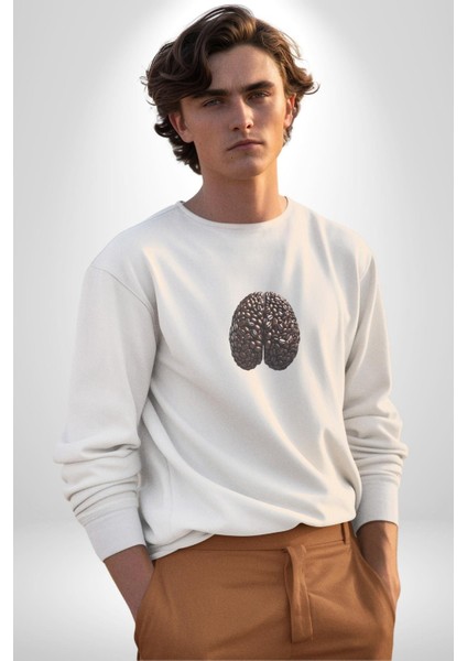 Kuru Kahve Çekirdeği Beyin Kadın Erkek Beyaz Baskılı Sweatshirt indirimleri