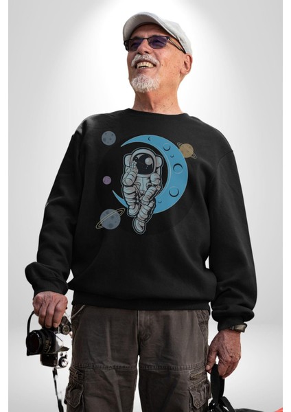 Astronot Uzayda Sıkılmış Kadın Erkek Siyah Baskılı Sweatshirt