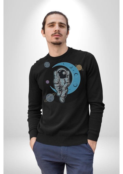 Astronot Uzayda Sıkılmış Kadın Erkek Siyah Baskılı Sweatshirt modelleri