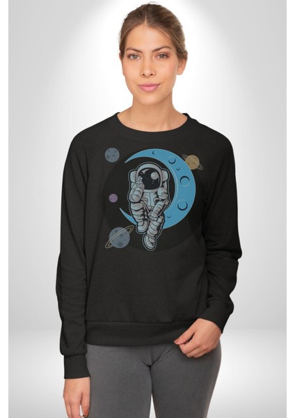 Astronot Uzayda Sıkılmış Kadın Erkek Siyah Baskılı Sweatshirt fırsatları