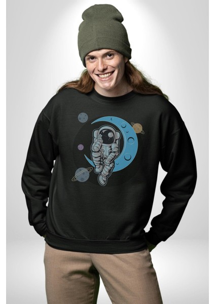 Astronot Uzayda Sıkılmış Kadın Erkek Siyah Baskılı Sweatshirt indirimleri
