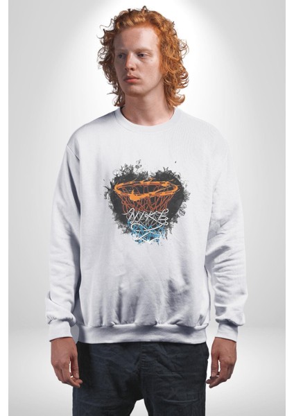 Basketbol Potası Bulutlu Siyah Kadın Erkek Beyaz Baskılı Sweatshirt