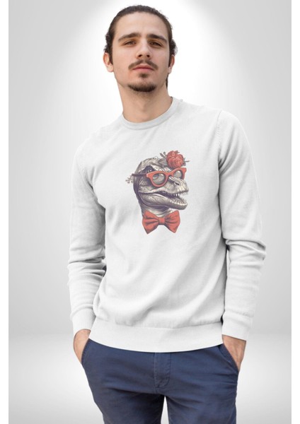 Kırmızı Gözlük Papyon Dinazor  Kadın Erkek  Beyaz Baskılı Sweatshirt