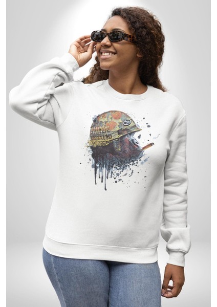 Kasket Miğfer Goril Savaşcı Kadın Erkek Beyaz Baskılı Sweatshirt
