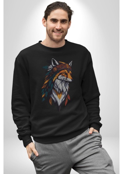 Kızılderili Tilki Kadın Erkek Siyah Baskılı Sweatshirt fırsatları