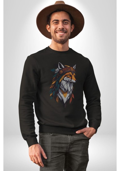 Kızılderili Tilki Kadın Erkek Siyah Baskılı Sweatshirt indirimleri