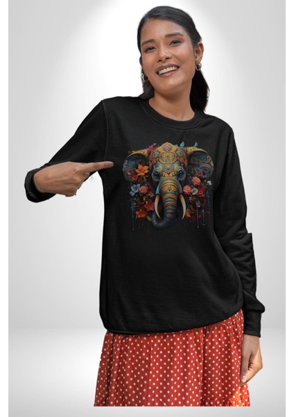 Bereket Fil Hintli Tasarım Kadın Erkek Siyah Baskılı Sweatshirt