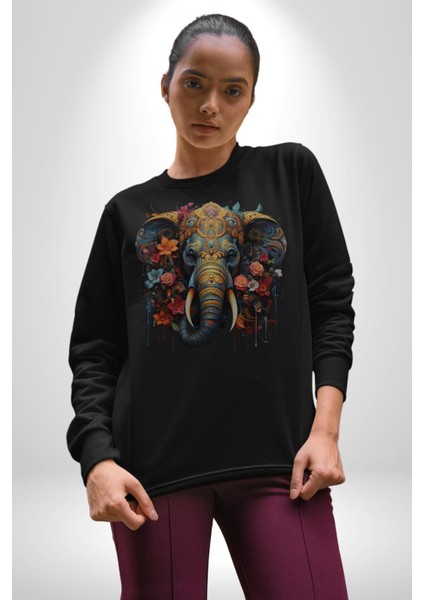 Bereket Fil Hintli Tasarım Kadın Erkek Siyah Baskılı Sweatshirt