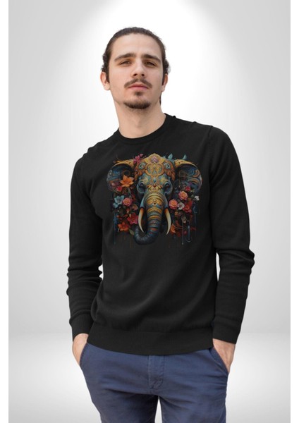 Bereket Fil Hintli Tasarım Kadın Erkek Siyah Baskılı Sweatshirt