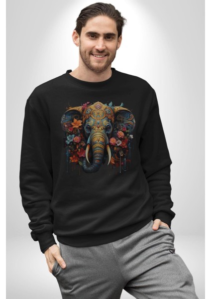 Bereket Fil Hintli Tasarım Kadın Erkek Siyah Baskılı Sweatshirt