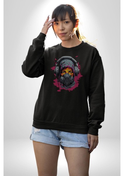 Maske Duman Corona Müzik Kulaklık Kadın Erkek Siyah Baskılı Sweatshirt fırsatları