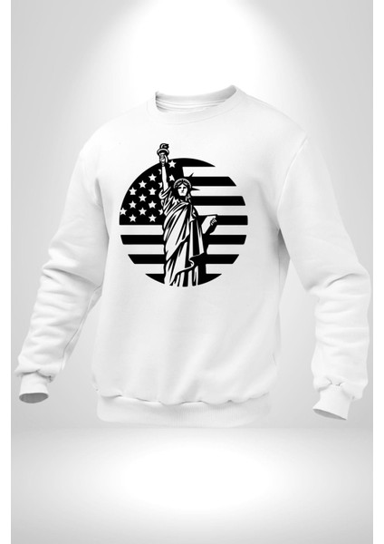 Özgürlük Anıtı ve Amerikan Bayrağı Silüeti Kadın Erkek Beyaz Sweatshirt fiyatları