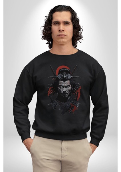 Asyalı Japon Samuray Savaşcı Kadın Erkek Siyah Baskılı Sweatshirt