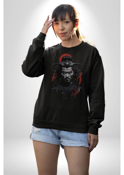 Asyalı Japon Samuray Savaşcı Kadın Erkek Siyah Baskılı Sweatshirt
