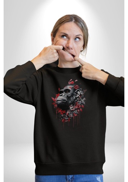 Çiçekli Goril Doğa Kadın Erkek Siyah Baskılı Sweatshirt fırsatları