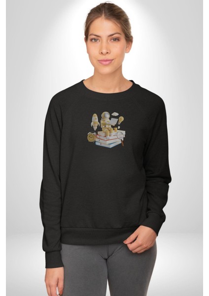 Astronot Kitap Füze Saat Ampül Büyüteç Kadın Erkek Siyah Baskılı Sweatshirt