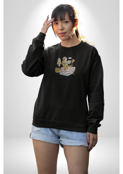 Astronot Kitap Füze Saat Ampül Büyüteç Kadın Erkek Siyah Baskılı Sweatshirt