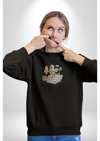 Astronot Kitap Füze Saat Ampül Büyüteç Kadın Erkek Siyah Baskılı Sweatshirt