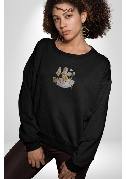 Astronot Kitap Füze Saat Ampül Büyüteç Kadın Erkek Siyah Baskılı Sweatshirt