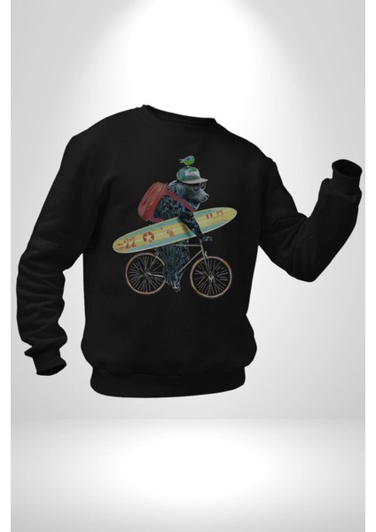 Komik Köpek Sörf Tahtası Bisiklet Kadın Erkek Siyah Baskılı Sweatshirt