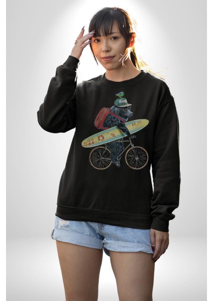 Komik Köpek Sörf Tahtası Bisiklet Kadın Erkek Siyah Baskılı Sweatshirt modelleri
