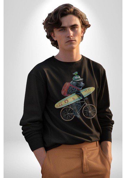 Komik Köpek Sörf Tahtası Bisiklet Kadın Erkek Siyah Baskılı Sweatshirt indirimleri