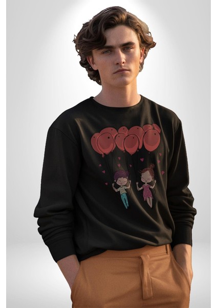 Sevgili Balon Aşk Salıncak Sevgililer Günü Kadın Erkek Siyah Baskılı Sweatshirt