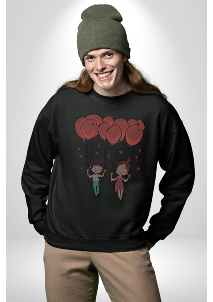 Sevgili Balon Aşk Salıncak Sevgililer Günü Kadın Erkek Siyah Baskılı Sweatshirt