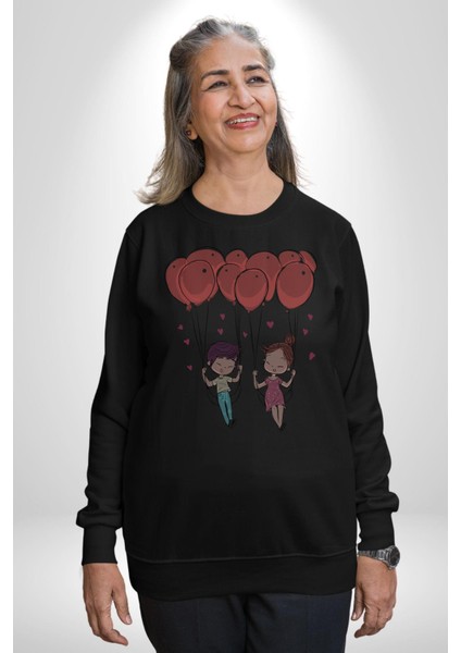 Sevgili Balon Aşk Salıncak Sevgililer Günü Kadın Erkek Siyah Baskılı Sweatshirt