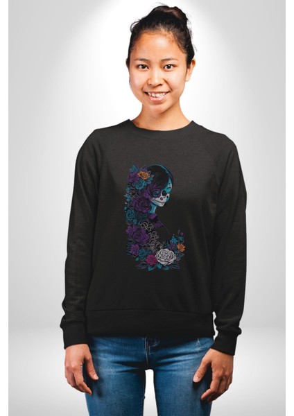 Cadılar Siyah Güller Kadın Erkek Siyah Baskılı Sweatshirt