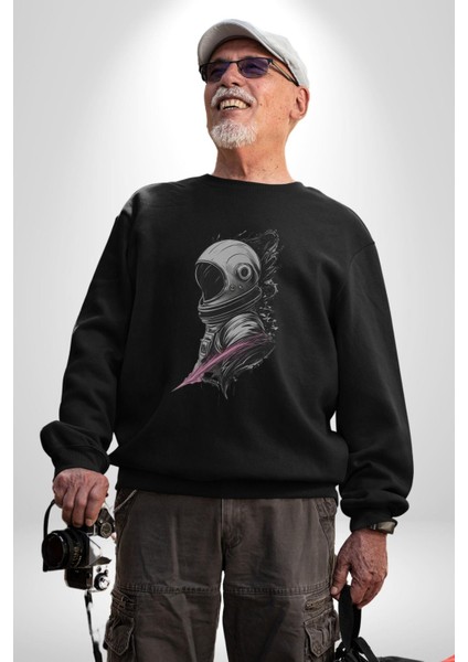 Astronot Kafası Kadın Erkek Siyah Baskılı Sweatshirt fiyatları