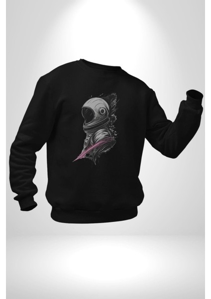 Astronot Kafası Kadın Erkek Siyah Baskılı Sweatshirt modelleri