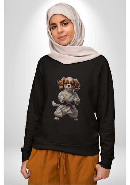 Cavailer King Charles Spaniel Karate Kadın Erkek Siyah Baskılı Sweatshirt