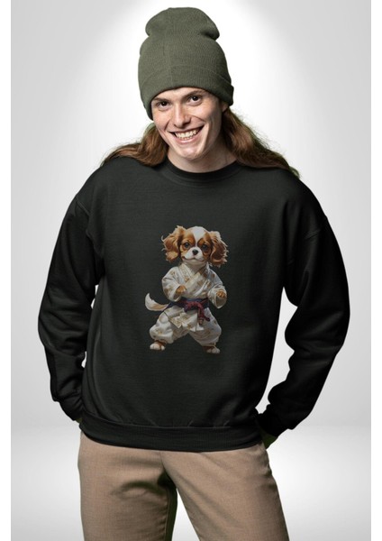 Cavailer King Charles Spaniel Karate Kadın Erkek Siyah Baskılı Sweatshirt