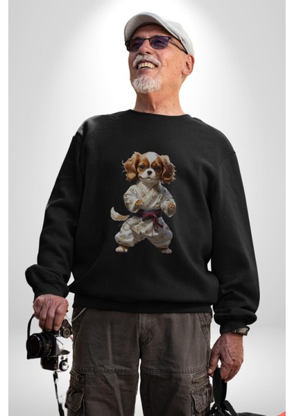 Cavailer King Charles Spaniel Karate Kadın Erkek Siyah Baskılı Sweatshirt