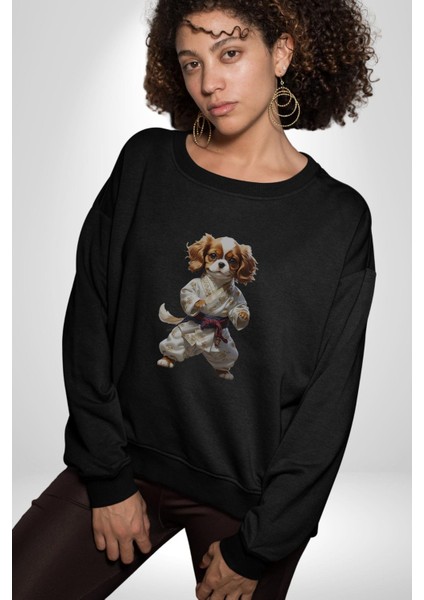 Cavailer King Charles Spaniel Karate Kadın Erkek Siyah Baskılı Sweatshirt