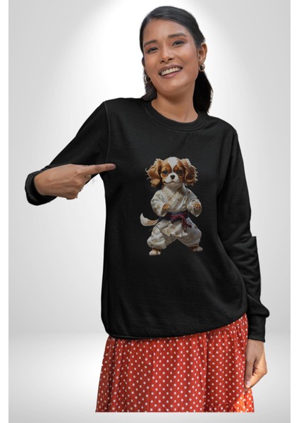 Cavailer King Charles Spaniel Karate Kadın Erkek Siyah Baskılı Sweatshirt
