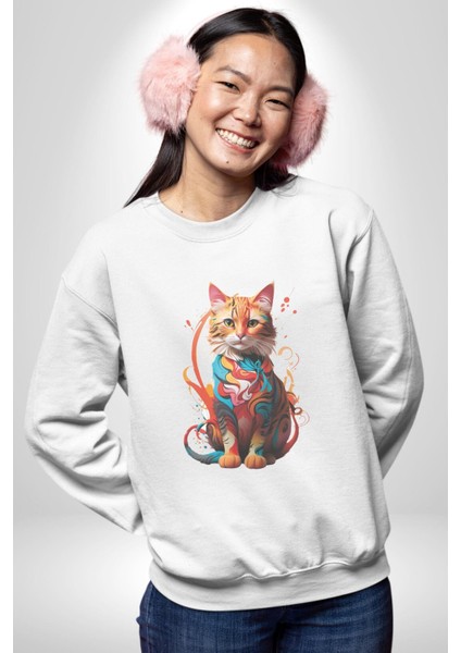 Renkli Yağlı Boya Kedi Kadın Erkek Beyaz Baskılı Sweatshirt