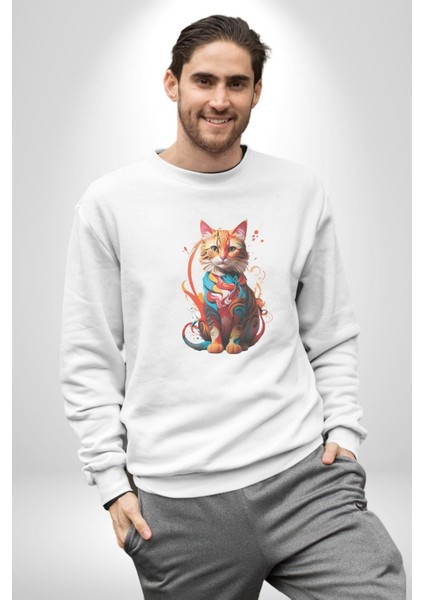 Renkli Yağlı Boya Kedi Kadın Erkek Beyaz Baskılı Sweatshirt modelleri