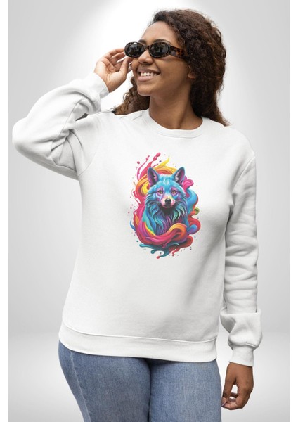 Renkli Kurt Kadın Erkek Beyaz Baskılı Sweatshirt