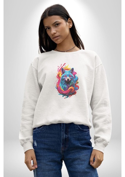 Renkli Kurt Kadın Erkek Beyaz Baskılı Sweatshirt modelleri