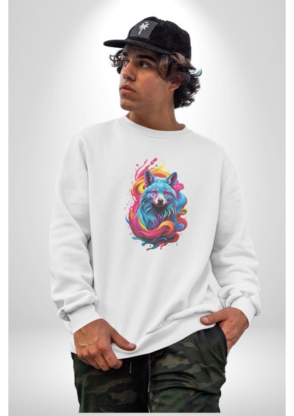 Renkli Kurt Kadın Erkek Beyaz Baskılı Sweatshirt fırsatları