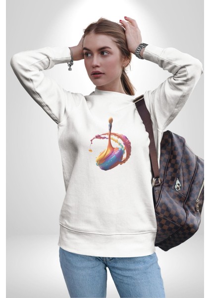 Resim Fırcası Kadın Erkek Beyaz Baskılı Sweatshirt