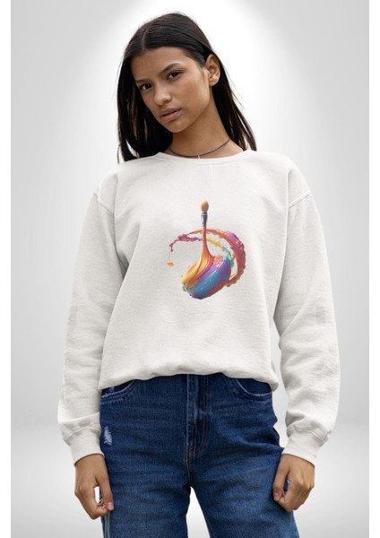 Resim Fırcası Kadın Erkek Beyaz Baskılı Sweatshirt fiyatları