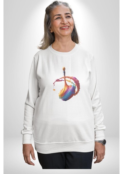 Resim Fırcası Kadın Erkek Beyaz Baskılı Sweatshirt modelleri