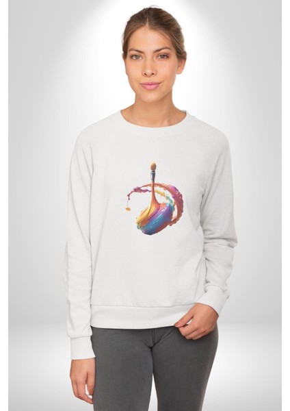 Resim Fırcası Kadın Erkek Beyaz Baskılı Sweatshirt fırsatları