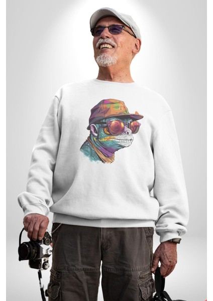 Gözlük Şapka Mukalemun Kadın Erkek Beyaz Baskılı Sweatshirt
