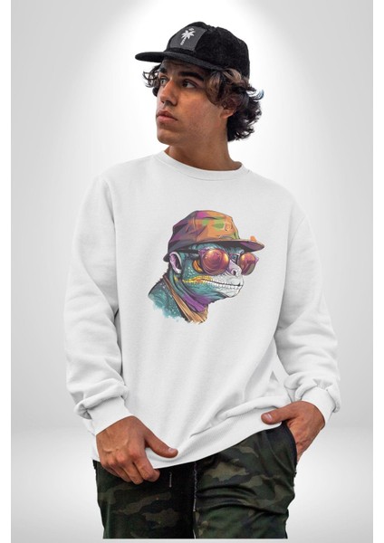 Gözlük Şapka Mukalemun Kadın Erkek Beyaz Baskılı Sweatshirt