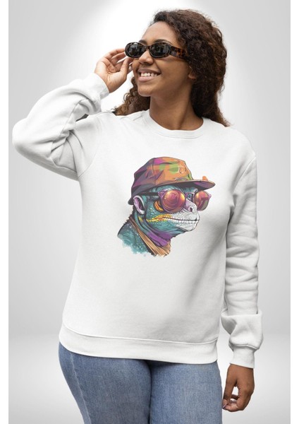 Gözlük Şapka Mukalemun Kadın Erkek Beyaz Baskılı Sweatshirt
