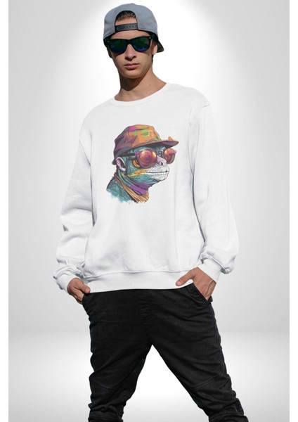 Gözlük Şapka Mukalemun Kadın Erkek Beyaz Baskılı Sweatshirt